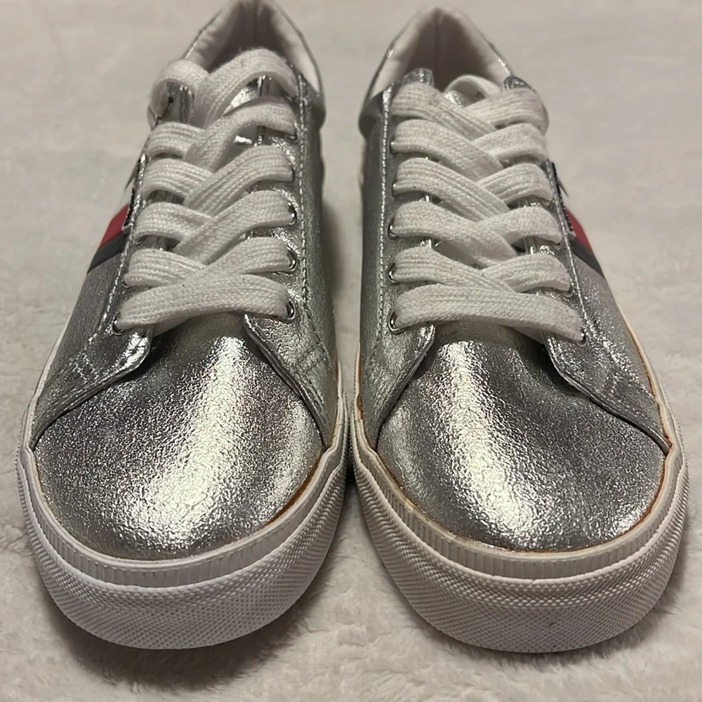 Tommy Hilfiger Silver Metallic Sneakers with Red, White & Navy Stripe
